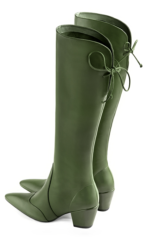 Forest green women's knee-high boots, with laces at the back. Tapered toe. Medium cone heels. Made to measure. Rear view - Florence KOOIJMAN